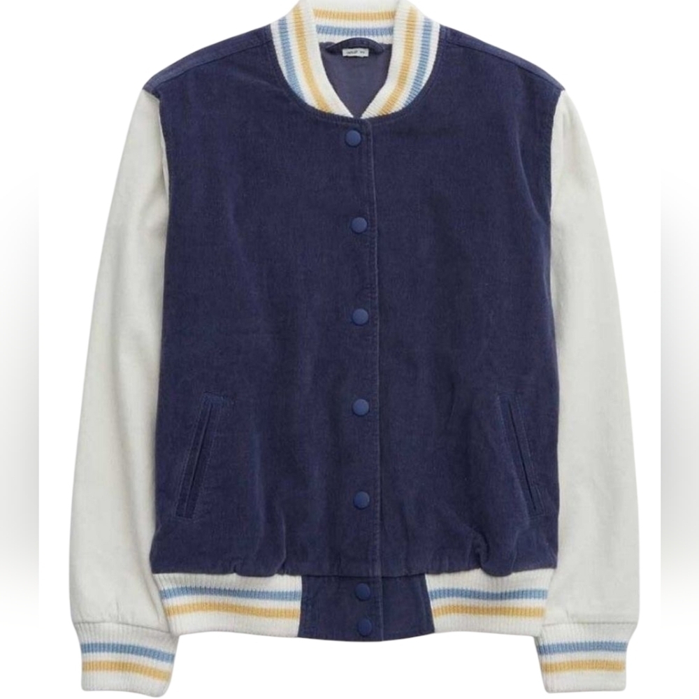 Aerie Corduroy Varsity Bomber Jacket Blue White Striped Size Small NWT